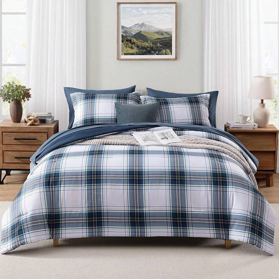King Comforter Set, Classic Red Black Plaid-Piece Bedding Set, Farmhouse Lightweight All-Season Bed In A Bag With Sheets, Pillowcases & Shams, Home Decor - Xanh trắng - Xem 1