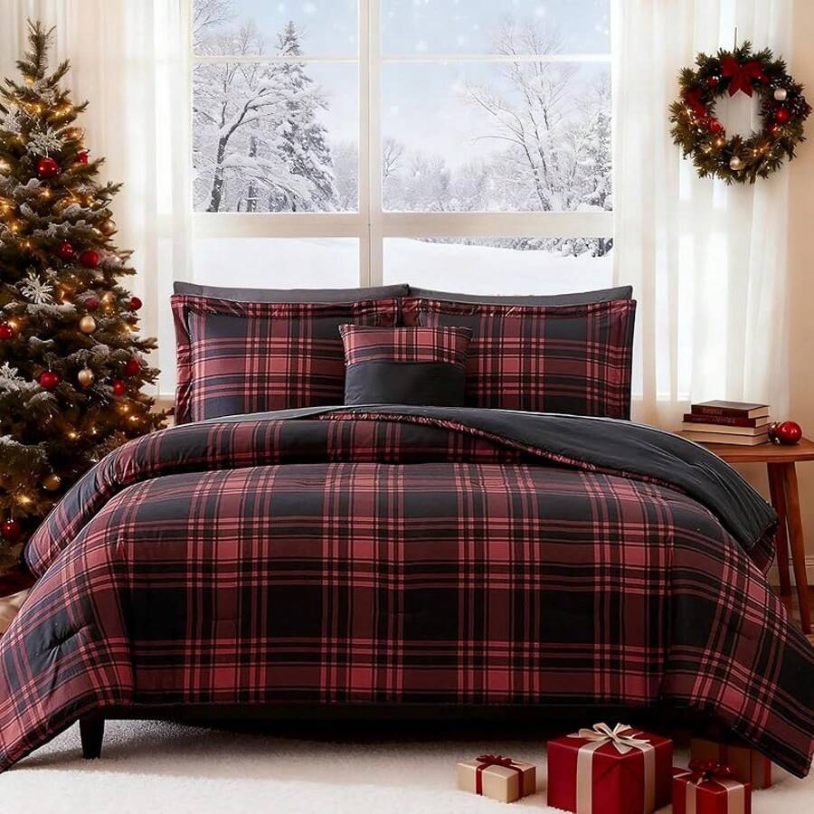 King Comforter Set, Classic Red Black Plaid-Piece Bedding Set, Farmhouse Lightweight All-Season Bed In A Bag With Sheets, Pillowcases & Shams, Home Decor - 紅色 - 查看 1