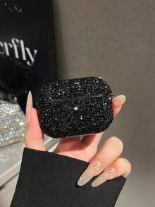 Diamond 1pc Solid Black Full Covered Rhinestone Electroplated PC Bluetooth Earphone Protective Hard Case, Compatible With Apple 1/2/3/Pro/Pro2, Shiny Rhinestone Luxury Design