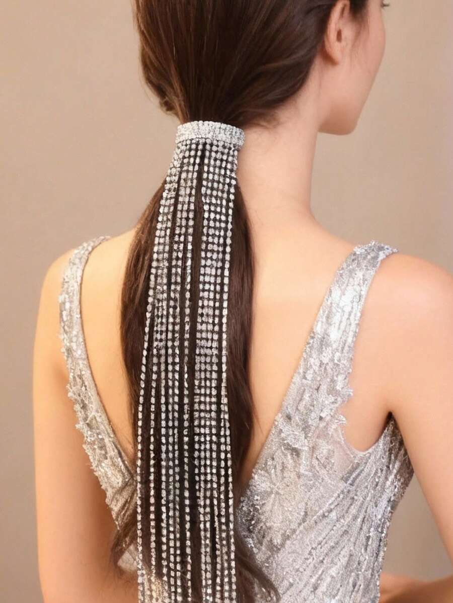 1 pieza Elegante Clip de Pelo con Cadena Larga de Cristal Rhinestone y Borla, Accesorio de Pelo de Cristal Brillante para Mujer, Verano, Playa, Boda - Plateado - Ver 1