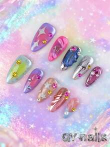 10pcs/Set Almond Shaped Nail Stickers, Fashionable Nail Art, Winter Nail Design, Cool Style, Mint Green Nail Stickers, Removable, Suitable For Parties, Dancing, Daily Wear, Student Gatherings, Office Workers Role Play, Reusable Press-On, Comes With Jelly Gel And Nail File Nail Supplies Nails Handmade Press On Nails - Multicolor - View 1