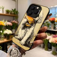 Funda para telefono con borde negro y parte trasera amarilla con estampado de perro comiendo hamburguesa y texto CASETTO ideal para uso diario en tiendas de flores y eventos sociales Aplicable a los teléfonos de la serie Apple y Galaxy - Negro - Ver 6