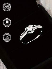 Anillo de joyería de plata de ley 925 con doble capa de corazón y círculo geométrico, adecuado para mujeres, joyería de boda, compromiso y novia, empaquetado en caja de regalo para el Día de San Valentín