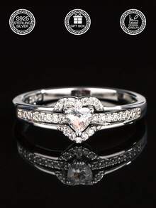 Anillo de joyería de plata de ley 925 con doble capa de corazón y círculo geométrico, adecuado para mujeres, joyería de boda, compromiso y novia, empaquetado en caja de regalo para el Día de San Valentín