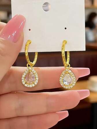 1 Çift Moda Mikro Kakmalı Zirkon Su Damlası Küpe, Altın Halka Tasarım Küpe