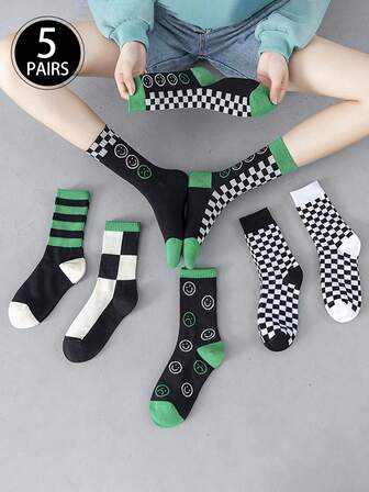 5双（随机款式）绿色棋盘格袜子，运动街头休闲个性化配色情侣长袜