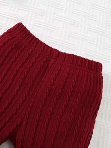 Conjunto de body y pantalones acampanados con diadema para bebé niña, de estilo casual con textura, cuello redondo, doble capa, mangas acampanadas y lazo delantero, para otoño/invierno - Rojo - Ver 7