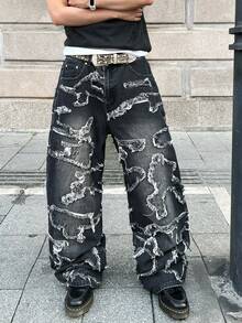 1pc Fashionable American Street Style Men's Embroidered Wide-Leg Jeans, Loose And Comfortable, High Street, All Season - الأسود - مشاهدة 3