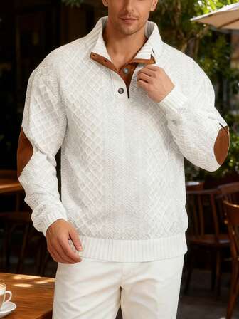 男士休闲舒适立领纽扣长袖运动衫，厚针织，弹力防风袖口，秋冬