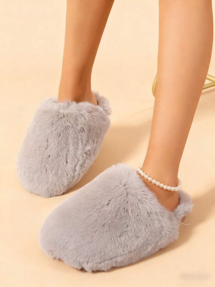 2025 Autumn/Winter New Fashion Fluffy Slippers For Men & Women, Warm Plush Toe Cover House Slippers - Grey - View 1