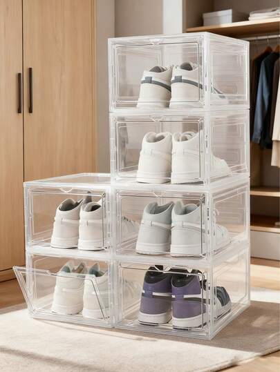 6/12 Pack Shoe Rack  Clear Stackable Shoe  Organizer  Hard Sturdy  Shoe Storage  Thickened Plastic Shoe Boxes For Closet, Fit US Size 12+ Sneakers/Boots, Display Case With Lids, White/Clear