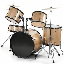 Full Size Adult Drum Set 5-Piece Champagne With Bass Drum, Two Tom Drum, Snare Drum, Floor Tom, 16" Ride Cymbal, 14" Hi-Hat Cymbals, Stool, Drum Pedal, Sticks - 預設 - 查看 1