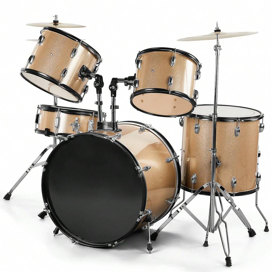Full Size Adult Drum Set 5-Piece Champagne With Bass Drum, Two Tom Drum, Snare Drum, Floor Tom, 16" Ride Cymbal, 14" Hi-Hat Cymbals, Stool, Drum Pedal, Sticks - 預設 - 查看 1