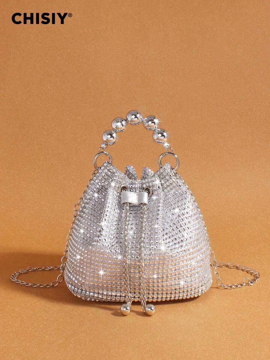 Handmade High-End Rhinestone Embellished Elegant Gold, Silver, Rose Red PVC & Fabric Fashion Bucket Bag, Spacious Women's Commuter Tote, Versatile Handbag, New Year & Valentine's Day Gift, Suitable For Work, Shopping, Travel, Evening Party, Wedding, Autumn/Winter - 銀色 - 查看 1