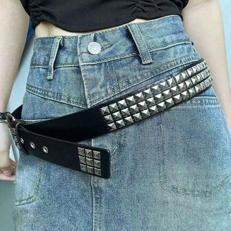 1条撞色朋克复古PU（聚氨酯）男女通用腰带，带铆钉和金属扣，适合嘻哈摇滚风格，四季皆宜。