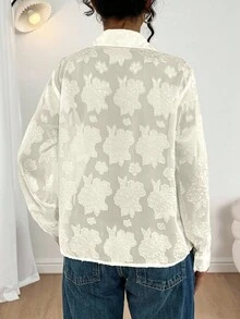 女士优雅休闲度假风长袖单排扣口袋薄纱衬衫 - 杏色 - 查看 5