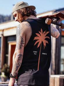 男士简约印花圆领无袖背心 - 黑色 - 查看 4