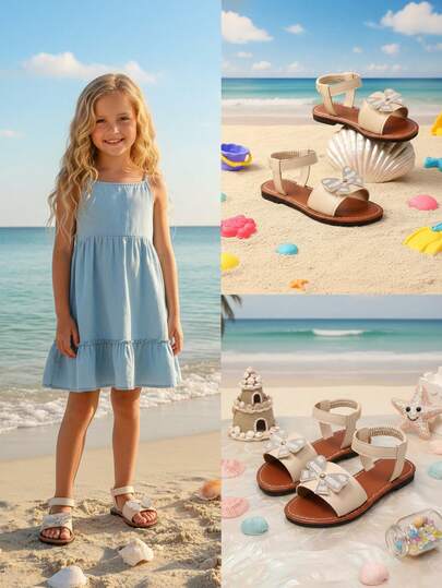 1双米色儿童/女童罗马亮片蝴蝶装饰PU弹力套脚圆头平底凉鞋，舒适轻便沙滩休闲鞋，适合3-15岁女孩，春夏款