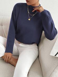 Plus Size Solid Color Stand Collar Knit Sweater - Navy Blue - View 6