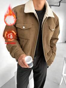 1pc Men's Corduroy Collar Long Sleeve Jacket, Fleece Lined Winter Coat, Comfortable For Autumn/Winter, Versatile For Commuting, Machine Washable, Christmas Gift, Old Money Style