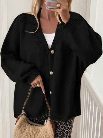 Just Masa 女士秋冬休闲纯色前开襟纽扣罗纹袖收腰长袖针织开衫