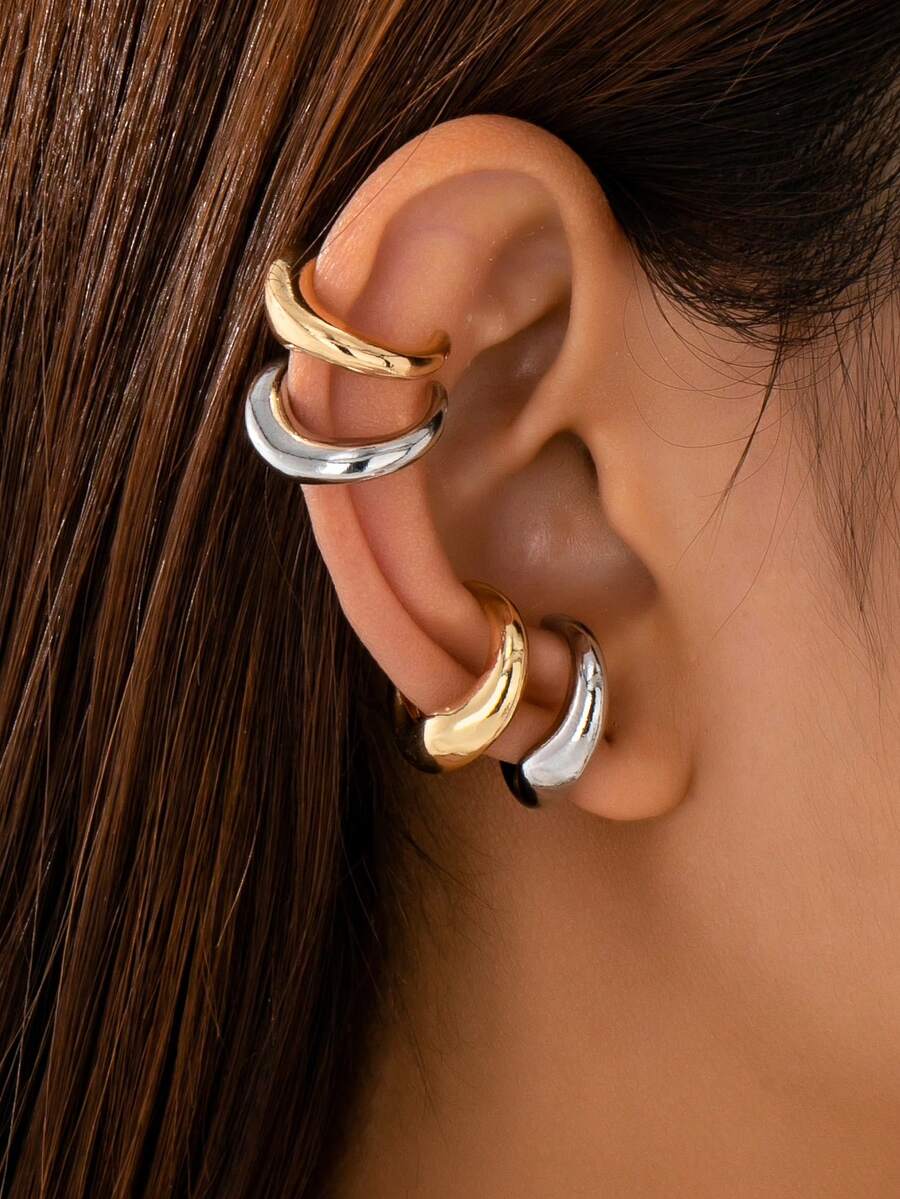 4pcs/Set Stackable Earrings Set, Gold & Silver Clip-On Earrings Set For Women - Multicolor - View 1
