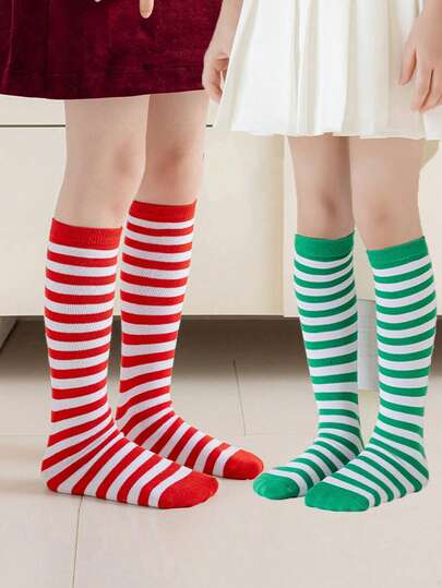 1 Pair Kids Knee-High Striped Socks, Fashion Versatile Socks, Made Of Polyester Knit Fabric, Suitable For Girls Aged 7-13