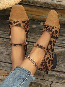 Estilo preppy, cierre con hebilla, punta cuadrada de metal puro, vintage marrón, Mary Jane de gamuza sintética con estampado de leopardo y bloque de color, correa con hebilla - Marrón - Ver 3