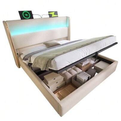Modern Hydraulic Bed With High Headboard, Single Bed 90x200cm With LED Lighting, Storage And USB/Type-C Ports, Beige Linen Look (Without Mattress)