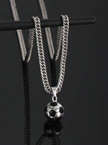 1 pieza Collar con colgante de fútbol de acero inoxidable plateado, de moda y clásico, accesorios de joyería para niños, decoración hip-hop, recuerdos, regalos para amigos y compañeros de clase en carnaval y fiestas - Plateado - Ver 2