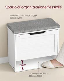 Panchina Scarpiera a 3 Ripiani per 6 Paia di Scarpe, Panca da Ingresso, Cassetto a Ribalta con Divisorio Regolabile, 30 x 60 x 53,5 cm, per Camera, Bianco Nuvola e Grigio Tortora - Bianco - Visualizzare 2