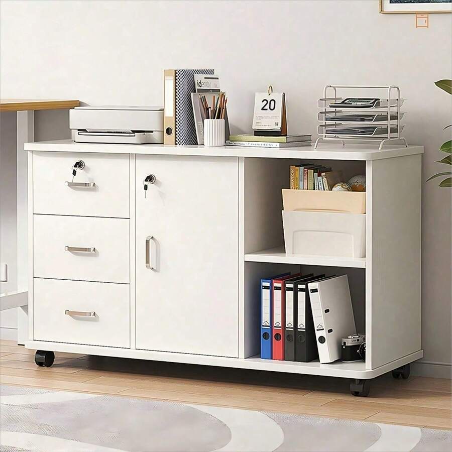 Archivador horizontal móvil de 3 cajones, archivador de oficina - Blanco - Ver 1