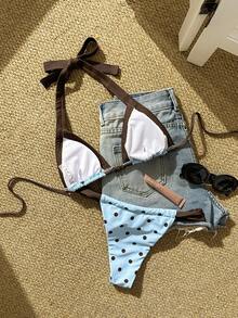 New Beaded Polka Dot Print Drawstring Halter Bikini Set, Women's Tankini Swimsuit For Beach, Pool Party, Holiday - Blue - View 3