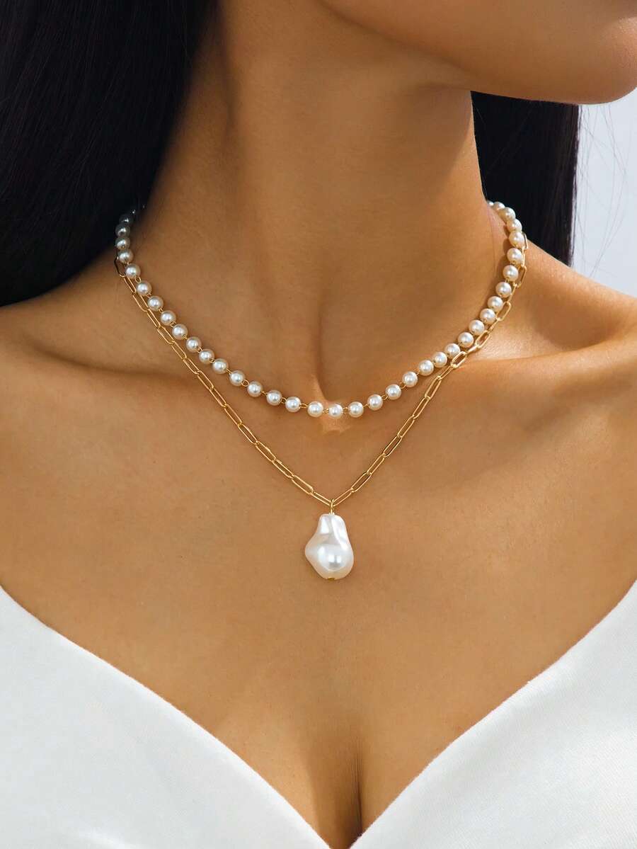 1pc White Faux Pearl Layered Pendant Necklace, Luxury Choker Necklace Suitable For Women's Daily Wear, Party, Outing - White - View 1