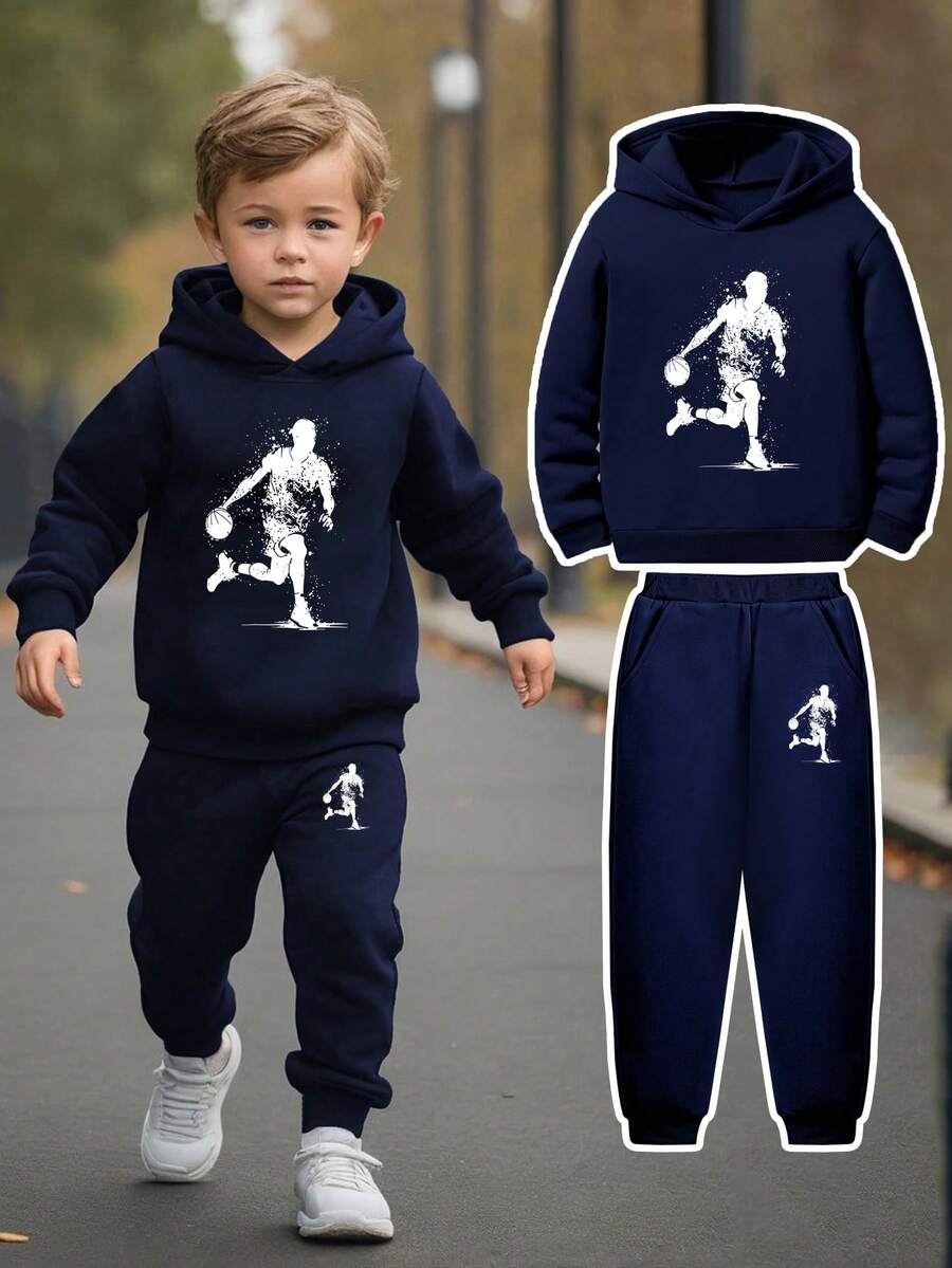 Toddler Cartoon Pattern Warm Hoodie And Sweatpants Set - Royal Blue - View 1