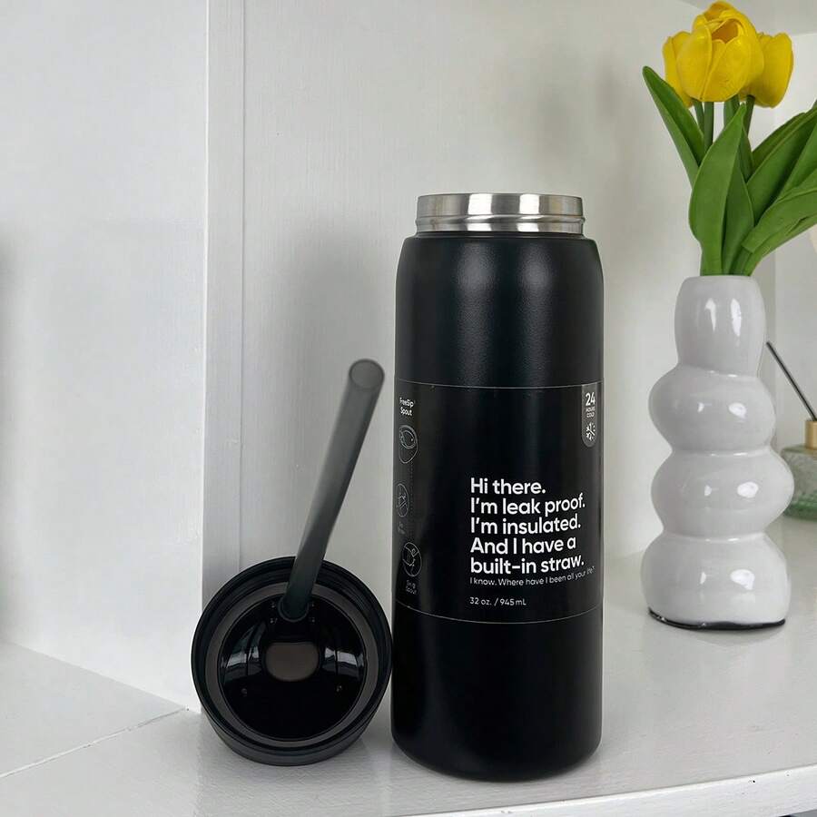 Water Bottle 32oz,Multiple Colors Are Available,With Straw,Heat Preservation Time More Than 24 Hours, Cold And Hot Water Can Be Insulated, Can Make Coffee, Frozen Drinks, Beautiful Appearance, Exquisite Workmanship, Suitable For Camping, Work, Indoor Use. - Black-32oz - 查看 1