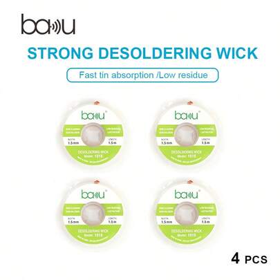 BAKU 4pcs Solder Wick Braid With Flux, Upgrade Desoldering Wick (0.059in, 4.92ft Each) No Clean Low Residue Soldering Wick, Coated Braid For Electronics Component Repair, PCB Circuit Board