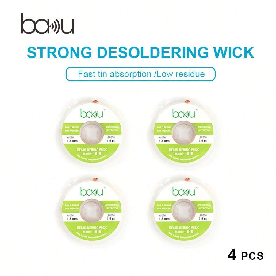 BAKU 4pcs Solder Wick Braid With Flux, Upgrade Desoldering Wick (0.059in, 4.92ft Each) No Clean Low Residue Soldering Wick, Coated Braid For Electronics Component Repair, PCB Circuit Board