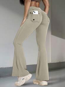 Quần cargo nâng mông co giãn cao cấp Y2K, có túi, thích hợp cho các bài tập mông, thể thao & thể dục, cạp rộng, ống loe cao, dành cho nữ mùa xuân - Màu be - Xem 3