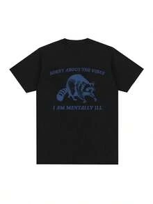 Camiseta de algodón, cuello redondo casual, tela ligeramente elástica, ajuste regular, unisex, con gráfico humorístico de mapache, para adultos y adolescentes, versátil para primavera/verano/otoño - Negro - Ver 2