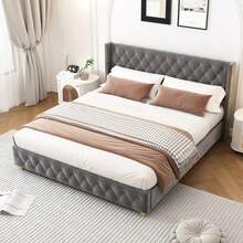 Upholstered Bed 140*190cm With Slatted Base And Headboard, Button Upholstery, Rivet Upholstery, Wooden Legs, Linen, Beige - Grey + Velvet + 140cm*190cm - View 6
