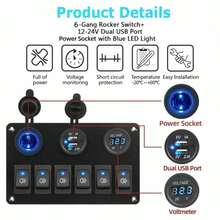 6 Gang Rocker Switch Panel LED Digital Voltmeter Waterproof Car Marine Circuit Breaker Dual USB Ports ON/OFF Lights 12V 24V For Marine Car Boat Trailers - 黑色 - 查看 8