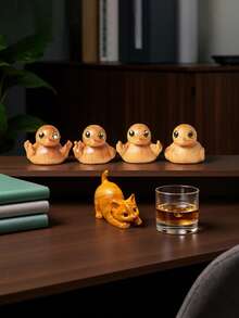 1pc Cute Lazy Cat & Small Yellow Duck, Handmade Wooden Carving Decor, Carved Tabletop Tea Hanging Ornament - Multicolor - View 3