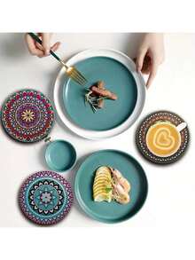 8 Piece Wood Coaster Set Mandala Design For Living Room Kitchen Dining Use As Drink Mat Wine Glass Pad Elegant Gift - Multicolor - View 3