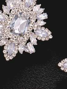 1 Pc Large Silver Rhinestone Clip On Earrings For Women Non Pierced Bling Crystal Statement Earrings - Silver - View 6