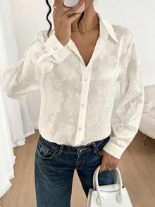 女士优雅休闲度假风长袖单排扣口袋薄纱衬衫 - 杏色 - 查看 4