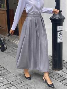 PoPoHouse女装半身裙秋冬气质优雅简约通勤高腰A字中长款裙子 - 灰色 - 查看 4