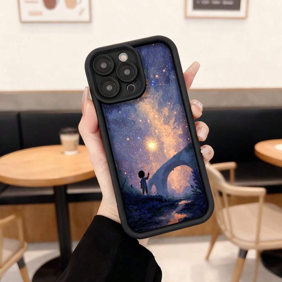Funda para teléfono con borde negro estampado de galaxia y silueta de niño bajo cielo estrellado ideal para uso diario en cafeterías y espacios urbanos Aplicable a los teléfonos de la serie Apple y Galaxy - Burdeos - Ver 1