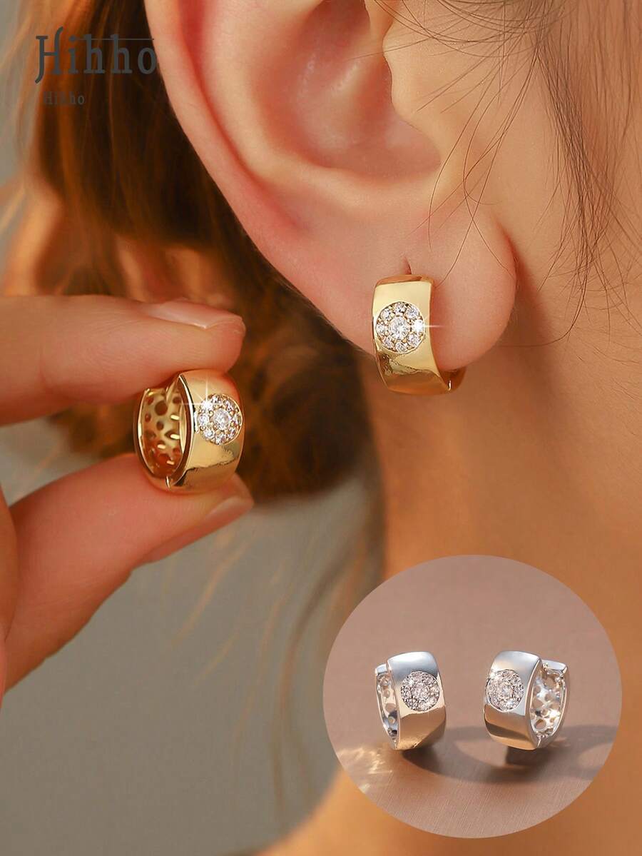 Hihho 1 par de pendientes de aro elegantes y de moda con patrón redondo de cobre y circonita, diseño clásico de pendientes decorativos para mujer, regalo festivo, regalo de joyería para Navidad y Acción de Gracias - pendientes - Ver 1