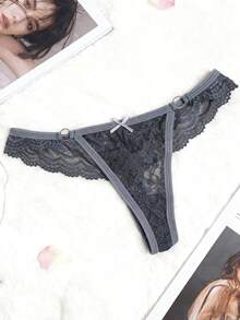 1Piece Women's Customizable Black Lace Underwear With Personalized Text Function, Sexy Style Thong For Intimate Occasions/Anniversaries - Grey - View 2